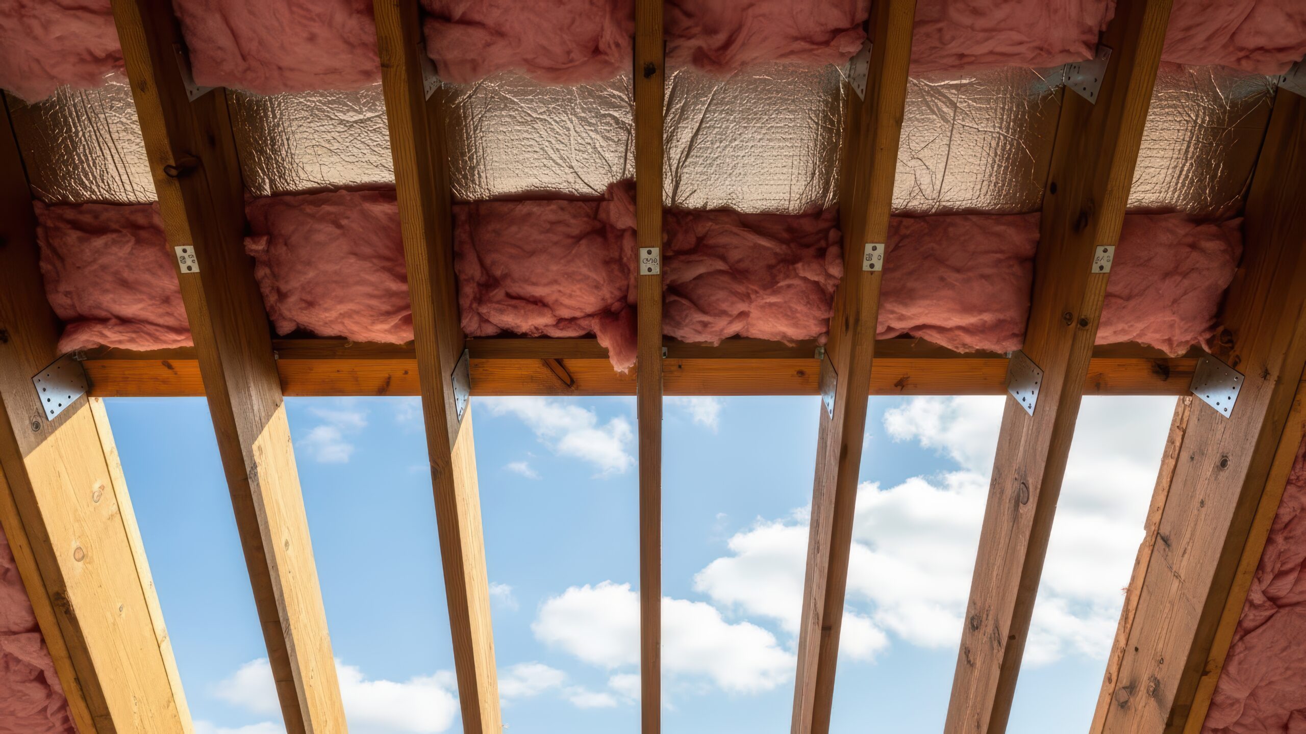 Exposed roof beams with insulation and vapor barrier under blue sky Triangle Radiant Barrier | Do Radiant Barriers Really Cut Your Energy Bills in North Carolina?