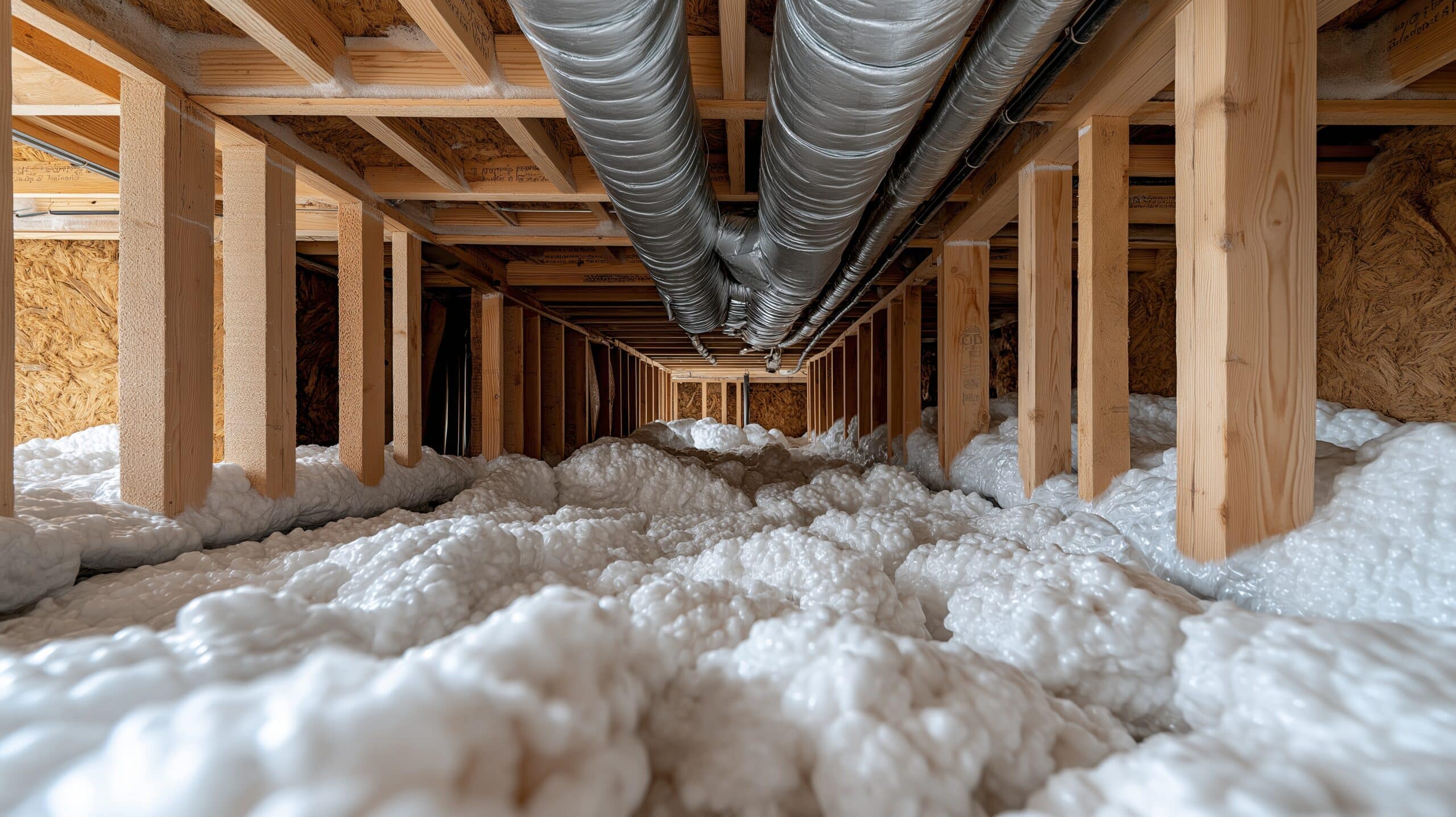 Crawl space under a building with wooden beams and insulation. Ductwork runs horizontally along the ceiling.