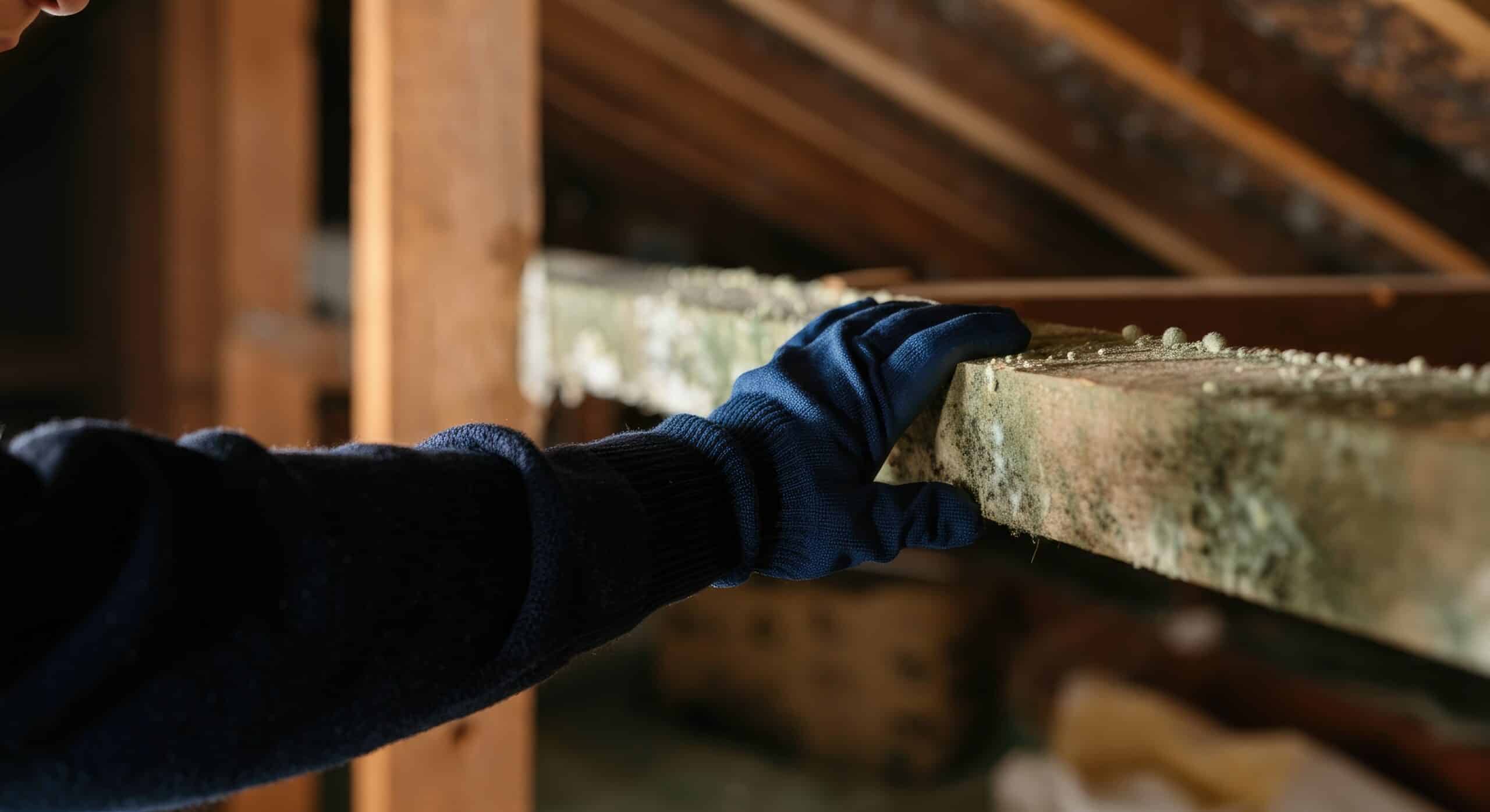 Gloved hand inspecting mold on attic wood beam