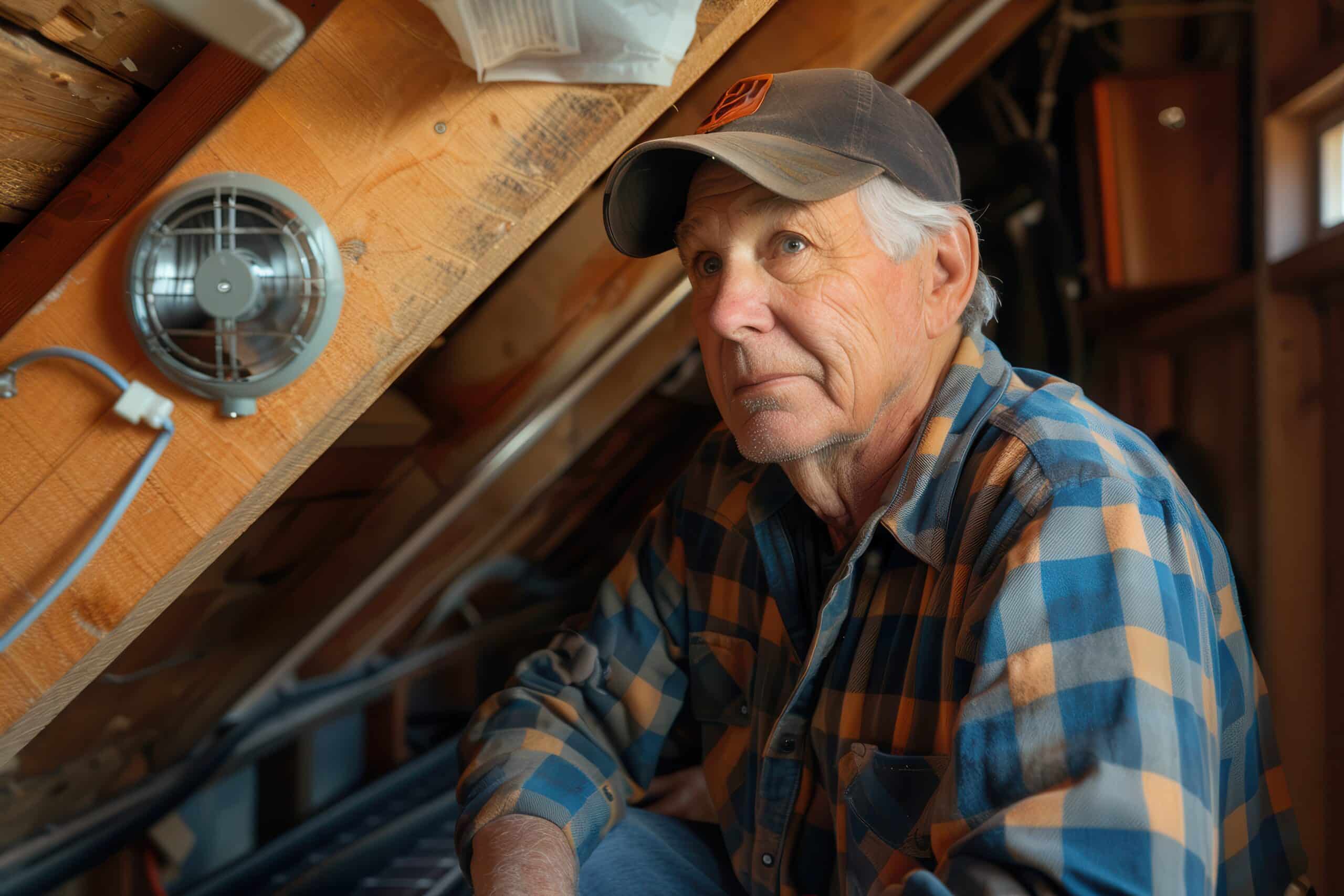Eco-Conscious Senior Man Installing Solar Attic Fan for Energy Efficiency and Better Ventilation at Home